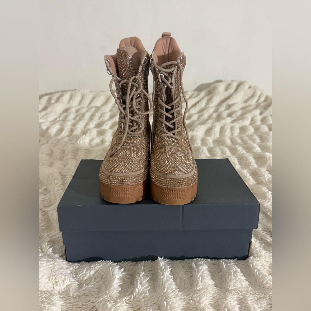 Cape Robbin Women's Rhinestone Lace Up Boots - Tan